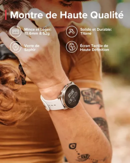 9 Peak Montre Connectée Sport Homme Femme, 80+ Sports, Tracker d'Activités GPS, Smartwatch Intelligent Soins de Santé 24/7, Cardiofréquencemètre, Altimètre, Baromètre, 14 Jours d'Autonomie Blanc (Birch White Titanium) 9 Peak Unique