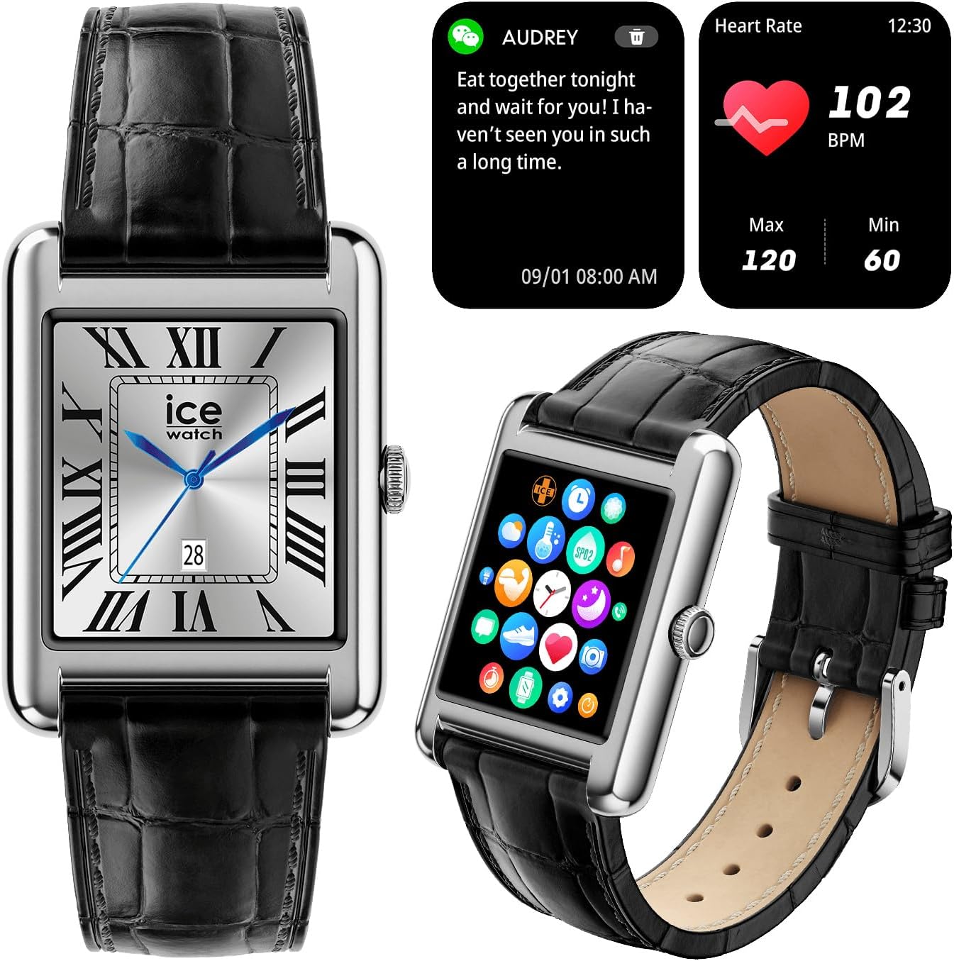 ICE-WATCH - Ice Smart TKS 2.0 - Montre connectée élégante pour Femme (1,41 Pouces) - IP68, Suivi des activités physiques et de la santé Argenté et Noir