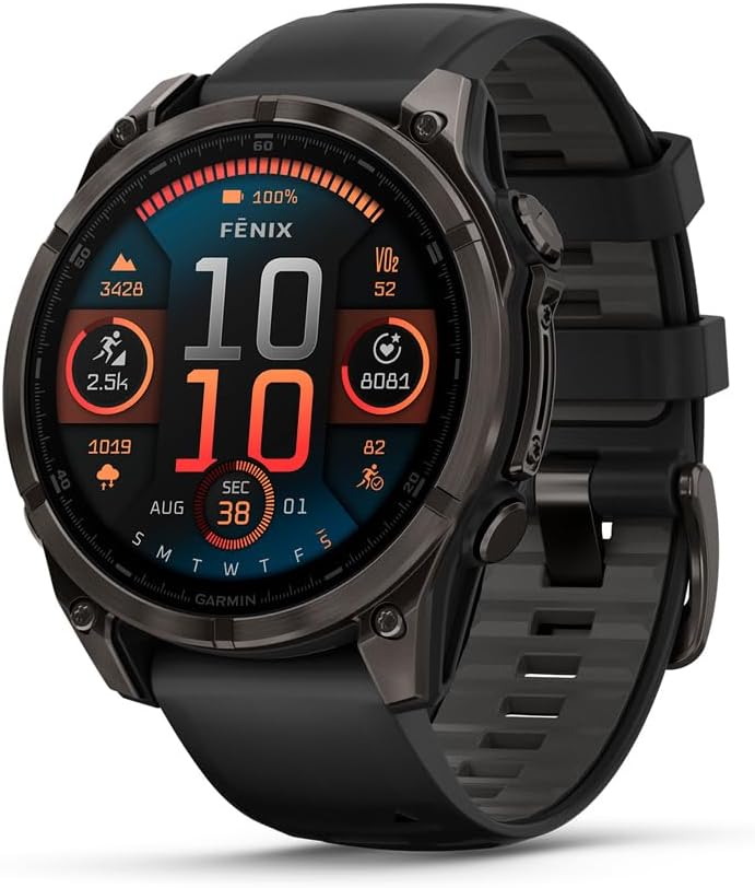 Garmin fēnix® 8 – 47 mm, AMOLED, Sapphire, Premium Multisport GPS Smartwatch, Long-Lasting Battery Life, Dive-Rated, Built-in LED Flashlight, Carbon Gray DLC Titanium with Pebble Gray Band 47 mm fenix 8 - AMOLED Titanium with Gray Band