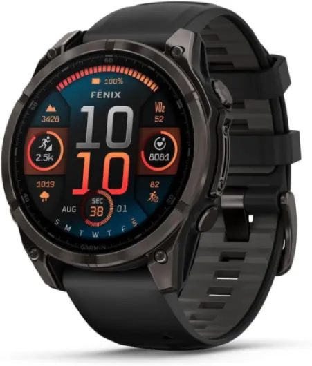 Garmin fēnix® 8 – 47 mm, AMOLED, Sapphire, Premium Multisport GPS Smartwatch, Long-Lasting Battery Life, Dive-Rated, Built-in LED Flashlight, Carbon Gray DLC Titanium with Pebble Gray Band 47 mm fenix 8 - AMOLED Titanium with Gray Band