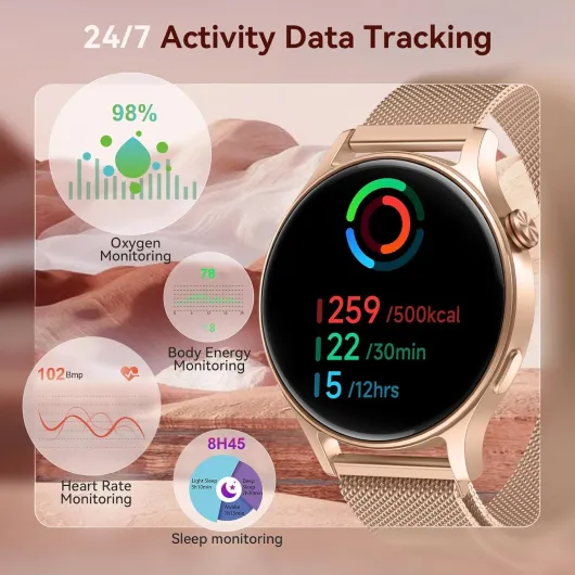 Montre Connectée Homme Femme avec Appel,1.32" AMOLED Smartwatch Femme Always-on Display Fonction,120+ Modes Sport/Fréquence Cardiaque/Sommeil/SpO2,Montre de Fitness Podomètre Calories Android iOS 1.32 Gold