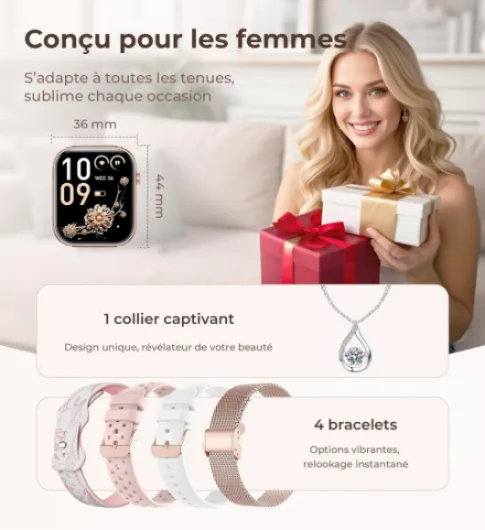 Montre Connectée Femme, 4 Bracelets, 1.83" Smartwatch, Fonction Féminine, Appels HD, 110+ Modes Sport, Podometre, Moniteur Cardiaque 24h/SpO2/Sommeil, Compatible iPhone/Android, Cadeau, Or Rose