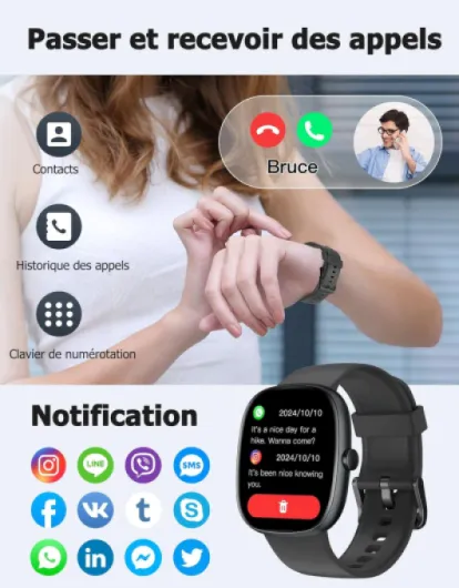 Montre Connectée Homme Femme Smartwatch Appel Bluetooth Notification pour Samsung Xiaomi iPhone Android iOS Montre Sport Podometre Cardiofréquencemètre Oxymetre Multisport Etanche IP68 Noir