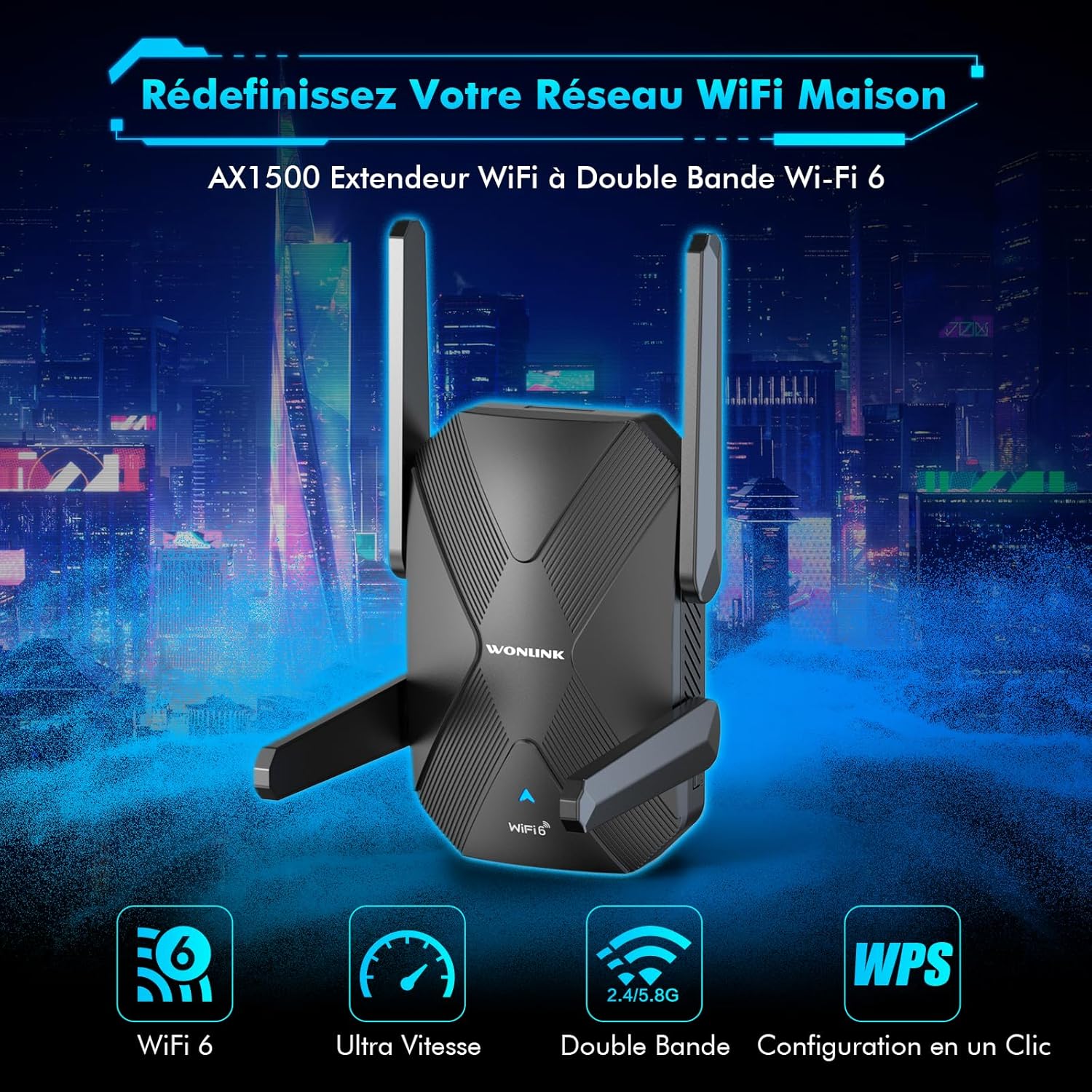 Répéteur WiFi 6 AX1500, Amplificateur WiFi Double Bande 5GHz&2,4GHz Repeteur WiFi Puissant 1500Mbps Soutenir Mode Répéteur/Routeur/AP, avec WPS, Port LAN, 4 Antennes Noir