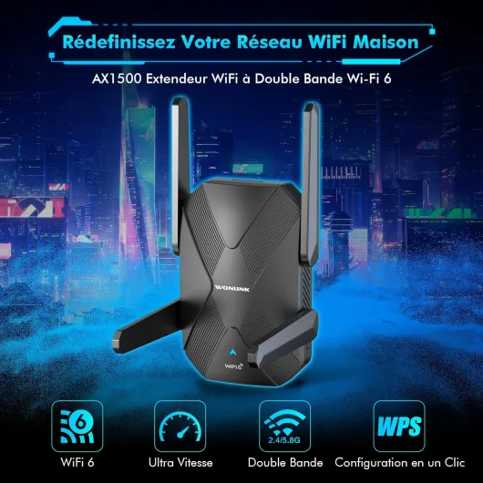 Répéteur WiFi 6 AX1500, Amplificateur WiFi Double Bande 5GHz&2,4GHz Repeteur WiFi Puissant 1500Mbps Soutenir Mode Répéteur/Routeur/AP, avec WPS, Port LAN, 4 Antennes Noir