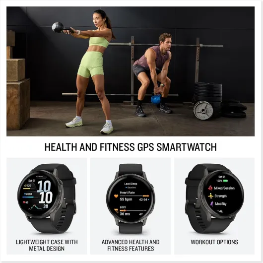 Venu 4, 45mm - Montres GPS connectées avancées Forme et santé avec écran Ultra-Lumineux et coloré, Lampe LED intégrée et Fonctions connectée - Noir et Gray avec Bracelet Noir Gray/Noir 45mm