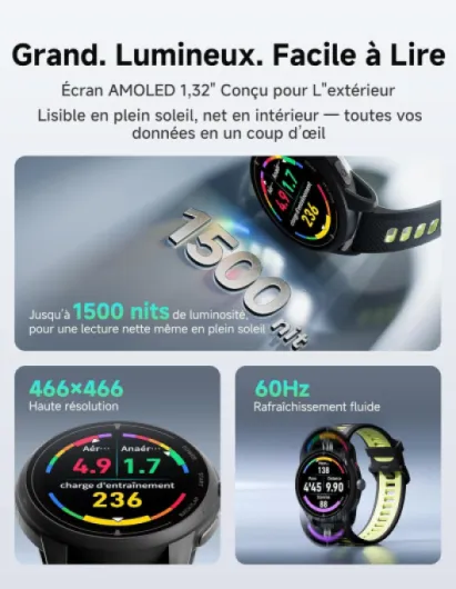 VeRun Montre Connectée Sport, 1,32" AMOLED Entrainement Coach Navigation Hors Ligne Autonomie 14 Jours GPS Double Fréquence Étanche Ultralégère Montre Running Noir