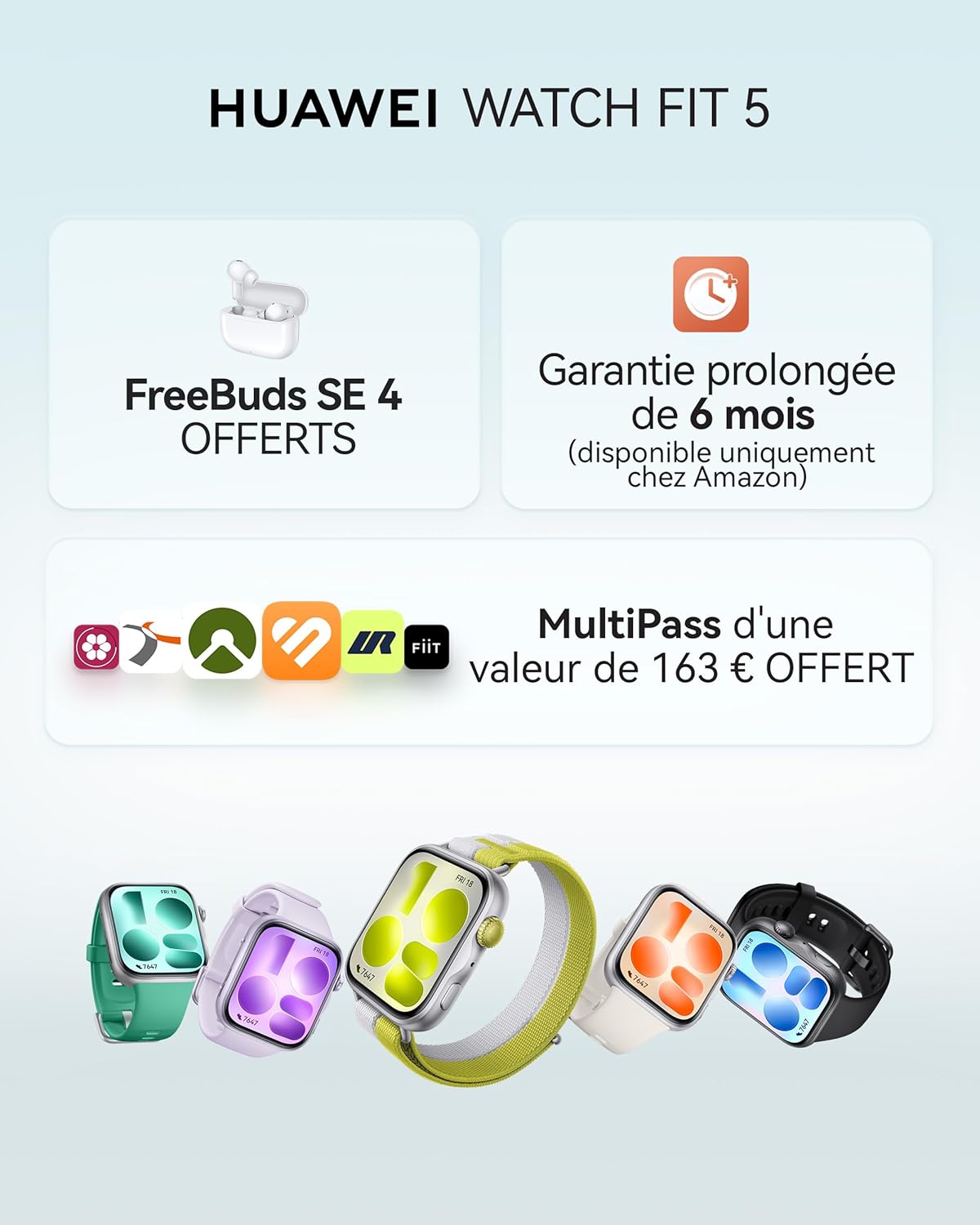 Watch FIT 5 Montre connectée, +FreeBuds SE 4 Beige, GPS, Écran AMOLED de 1,82'', NFC, Suivi santé, Résistance à l'eau 5 ATM, Détection des Chutes, Fonctionne avec iOS et Android, Noir FIT 5 Ensemble avec FreeBuds SE 4 Beige Noir