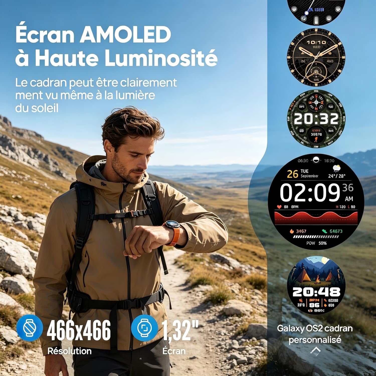 GS Explorer S Montre Connectée Homme, GPS, Batterie de 20 Jours, 10ATM Étanche, Corps Militaire&Dur avec 1,32" AMOLED, Boussole/Altimètre/Appel Bluetooth, Suivi du Fréquence Cardiaque/Sommeil
