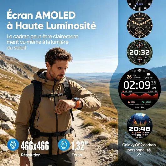 GS Explorer S Montre Connectée Homme, GPS, Batterie de 20 Jours, 10ATM Étanche, Corps Militaire&Dur avec 1,32" AMOLED, Boussole/Altimètre/Appel Bluetooth, Suivi du Fréquence Cardiaque/Sommeil
