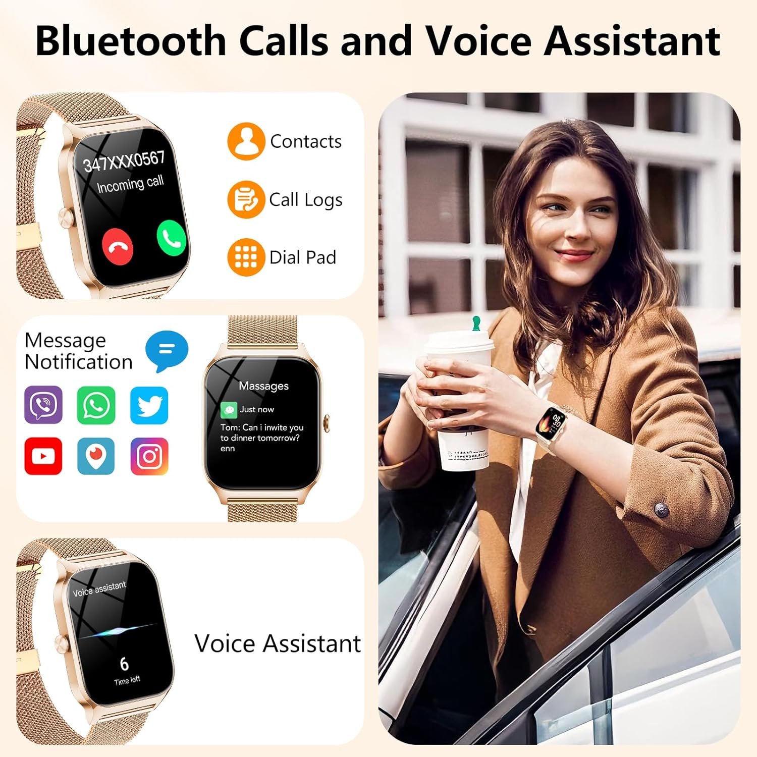 Montre Connectée Femme avec Appel Bluetooth,1.85" HD Smartwatch Femme avec Fréquence Cardiaque/Sommeil/SpO2, 120+ Modes Sportifs, IP68 Étanche Fitness Tracker, Montre pour Android iOS Or Rose