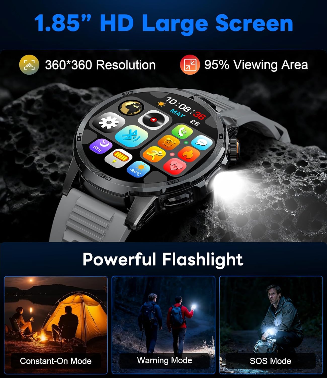 Montre Connectée Homme, 1,85" Grande Écran/Appel Bluetooth/1000mAh/LED Torche, Smartwatch Homme avec Moniteur de Fréquence Cardiaque/Sommeil/IP68 Étanche/110+ Modes Sportifs Android iOS, Noir-Silicone EF19-G