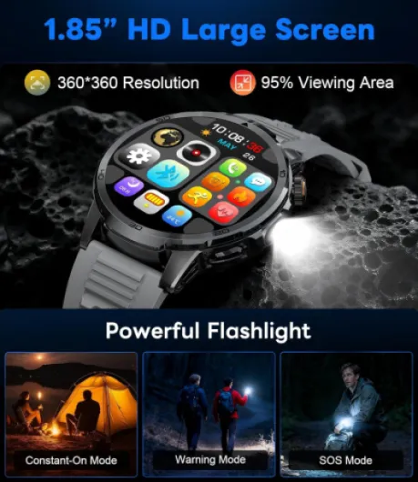 Montre Connectée Homme, 1,85" Grande Écran/Appel Bluetooth/1000mAh/LED Torche, Smartwatch Homme avec Moniteur de Fréquence Cardiaque/Sommeil/IP68 Étanche/110+ Modes Sportifs Android iOS, Noir-Silicone EF19-G