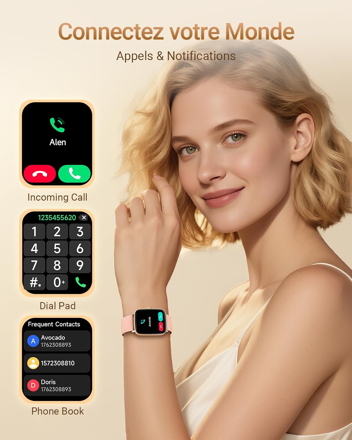 Montre Connectée Femme avec Appel Bluetooth, 1,85" Smartwatch Moniteur de Fréquence Cardiaque/SpO2/Sommeil, Montre de Sport 110+ Modes Sportifs Podomètre, Etanchéité IP68, pour iOS et Android Rose