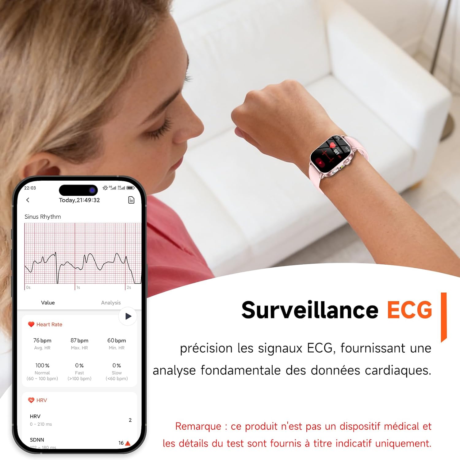 2026 Montre Connectée Femme avec ECG/HRV/IMC/Lampe LED/Sommeil/αρnée-Monitor 2,0" Élégant Smartwatch avec 24H τensιοn αrτérιelle/Fréquence Cardiaque/SpO2, Fonction Féminine, IP68 Montre Fitness Rose