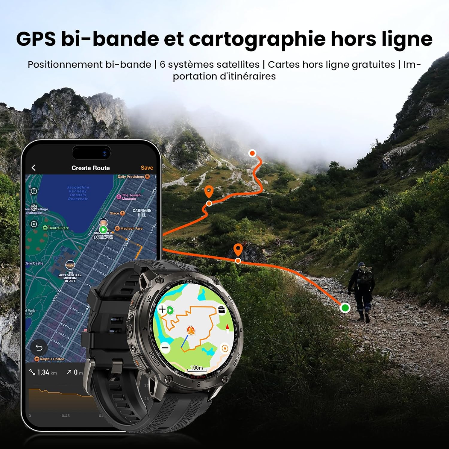 Tank T4 Montre Connectée Homme, GPS, Cartes Hors Ligne & Talkie-Walkie, Étanchéité 10ATM (Plongée 45M), Acier Inoxydable, Batterie 50 Jours, Appels Bluetooth, Surveillance Santé 24/7 (Noir) T4-Noir