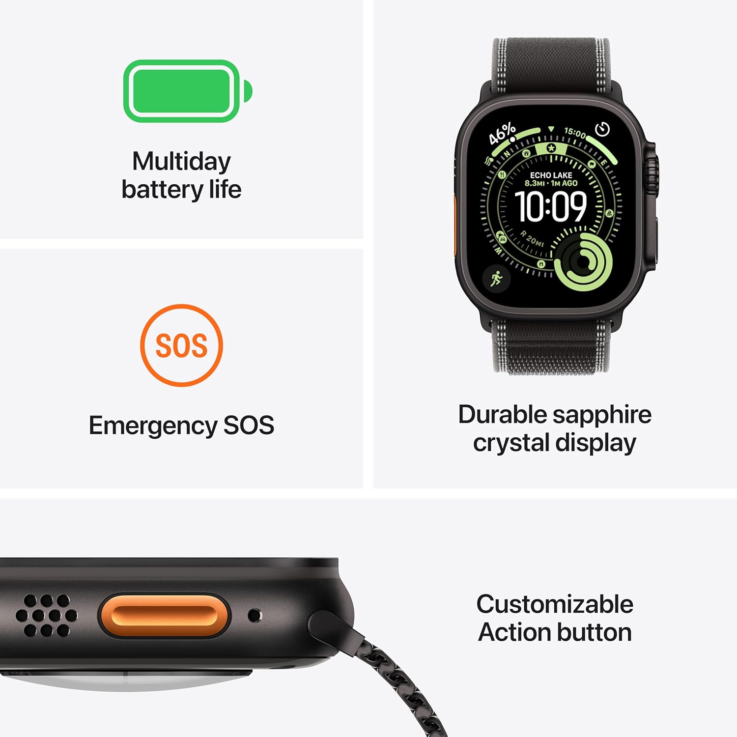 Apple Watch Ultra 3 [GPS + Cellular 49 mm] boîtier Titane Noir et Bracelet Ocean Noir (One Size) (Reconditionné) Ocean Band One Size - poignet de 130 à 200 mm Noir Boîtier en titane noir