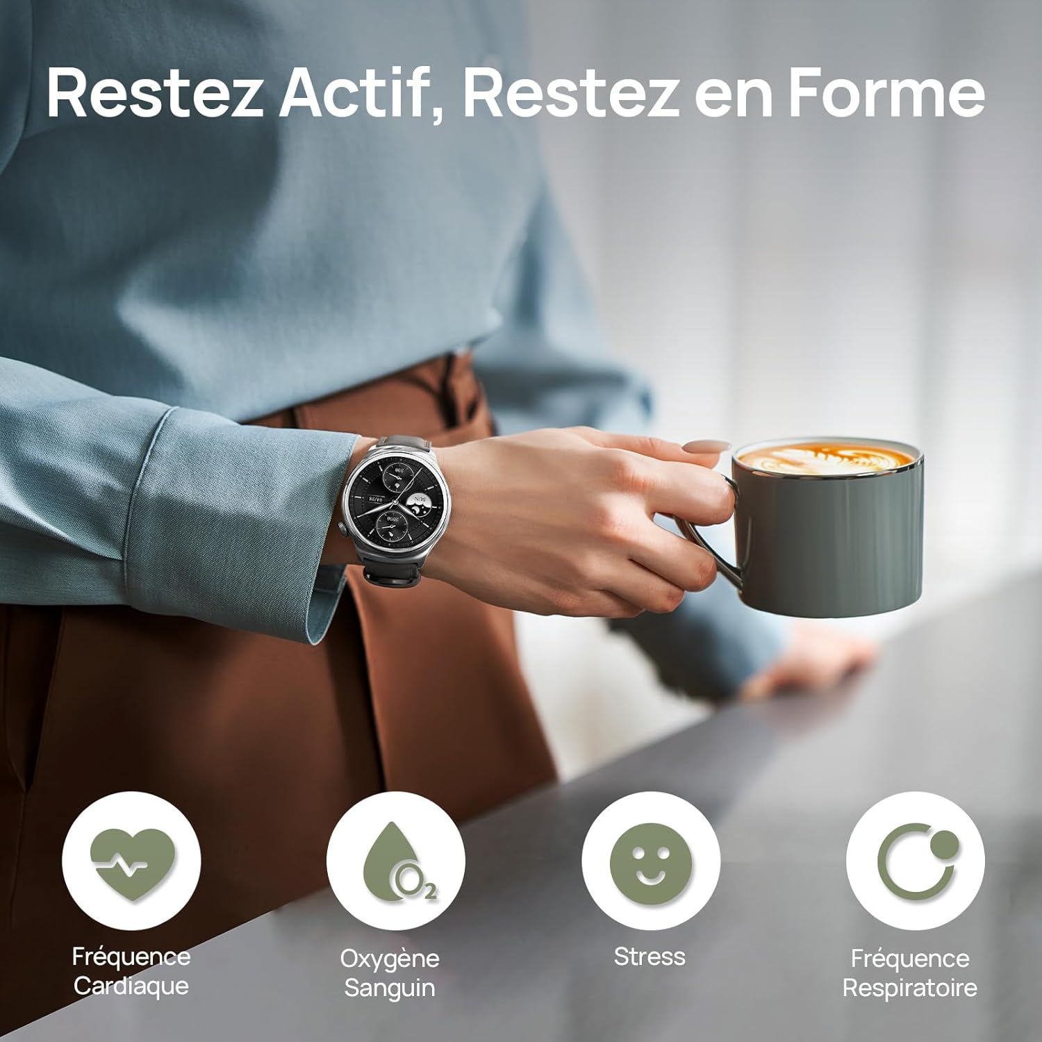 Lite3 Pro Montre Connectée Homme Femme 45mm, Autonomie 15j, Appels Bluetooth, 5ATM GPS Intégré, Smartwatch avec Suivi FC/Sommeil/SpO2, Bracelet Cuir Élégant, pour iPhone Android (Gris Kaki)