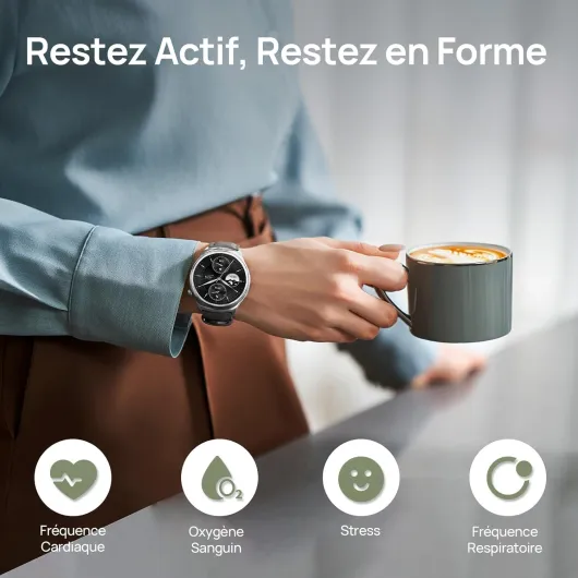 Lite3 Pro Montre Connectée Homme Femme 45mm, Autonomie 15j, Appels Bluetooth, 5ATM GPS Intégré, Smartwatch avec Suivi FC/Sommeil/SpO2, Bracelet Cuir Élégant, pour iPhone Android (Gris Kaki)