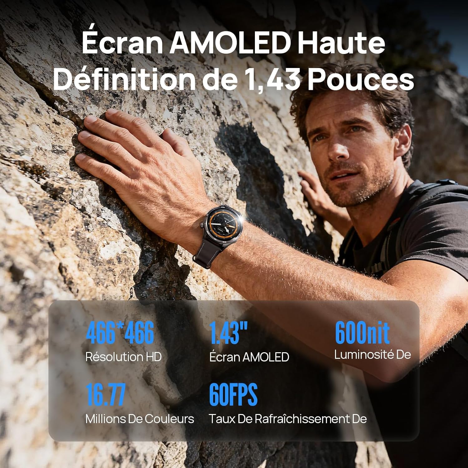 GT Montre Connectée Homme Femme 1,43" AMOLED – Assistant Intélligent, 8j Autonomie, GPS, 5ATM Étanche, 100+ Modes Sportifs, Suivi Fréquence Cardiaque/Sommeil/SpO2, pour iOS Android(Noir)