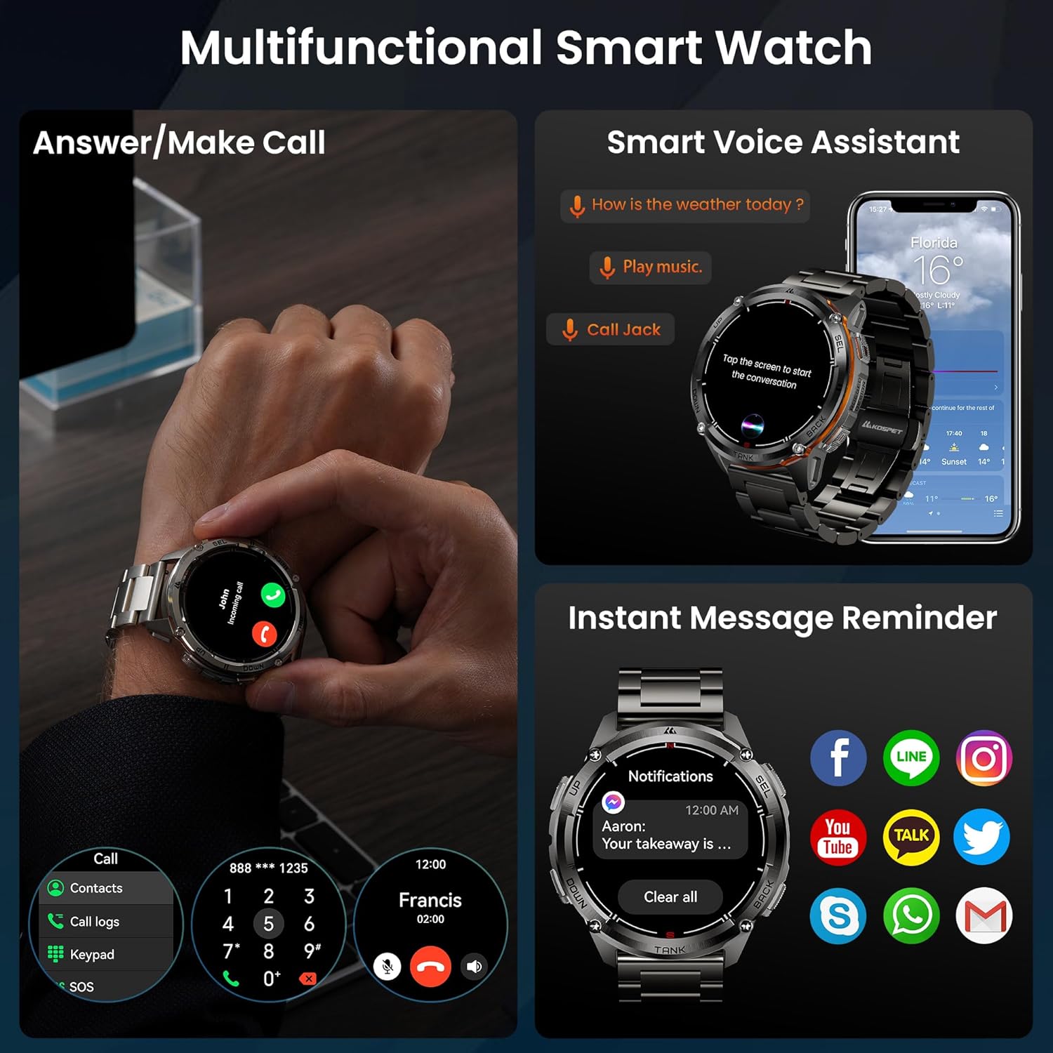 Tank T3 Ultra 2 Montre Connectée Homme avec GPS, Corps Entièrement en Acier Inoxydable, Batterie de 60 Jours, Appels Bluetooth, Étanche 50M, Suivi du Fréquence Cardiaque et Sommeil Noir