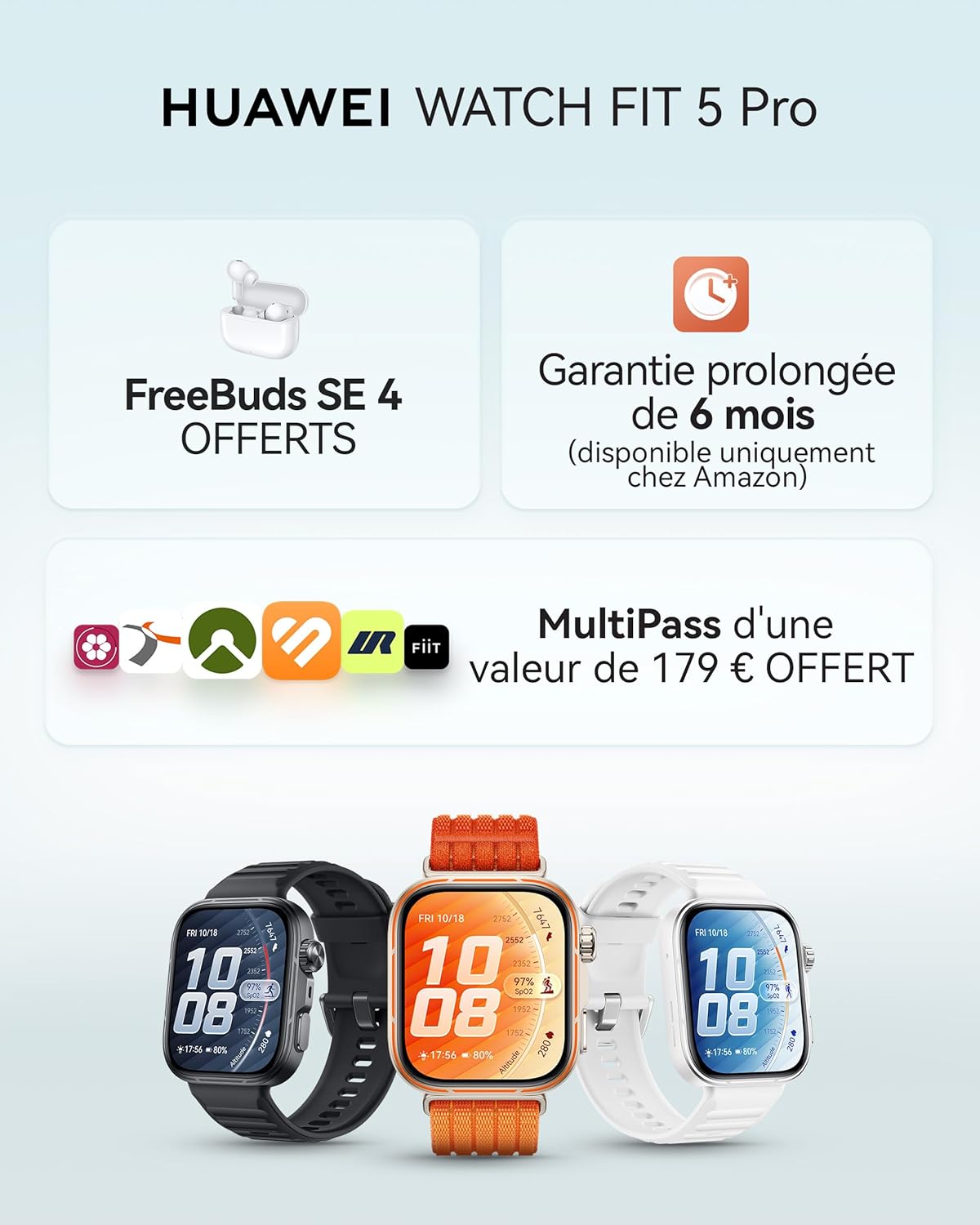 Watch FIT 5 Pro Montre connectée, +FreeBuds SE 4 Beige, GPS, ECG, Écran AMOLED de 1,92'', Verre Saphir, Grande autonomie, Résistance à l'eau 5 ATM, NFC, Fonctionne avec iOS & Android, Orange FIT 5 Pro Ensemble avec FreeBuds SE 4 Beige Orange