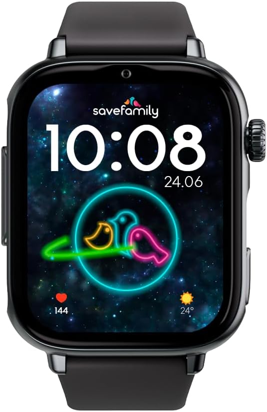 SaveWatch Plus 2 - Montre Connectée pour Enfant avec Localisateur GPS, Appels, Vidéo, Whatsapp, Spotify, App Store - Cadran Noir et Bracelet en Silicone Noir Black is Black.
