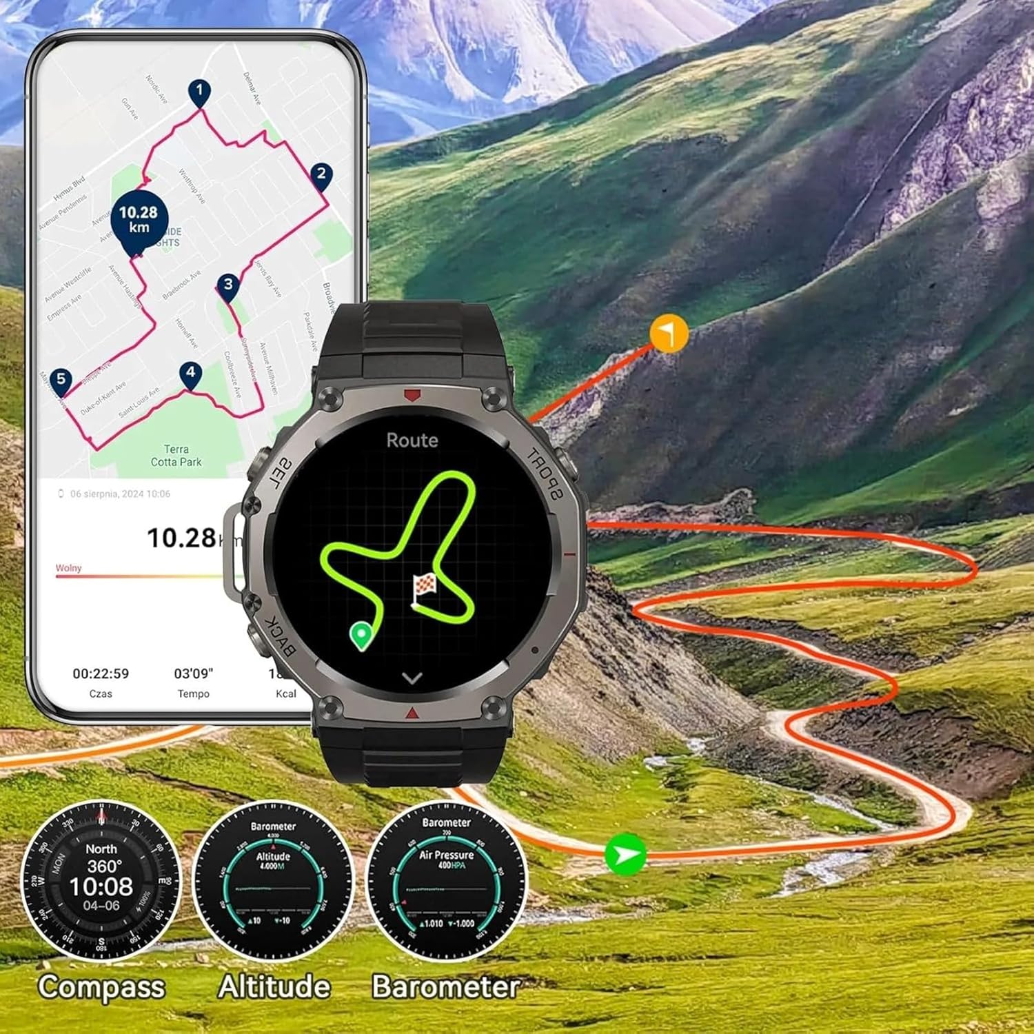 Mivrass GPS Sports Smartwatch Montre Connectée Affichage Clair Navigation Fluide Et Confortable pour Toutes Vos Activités (Noir)