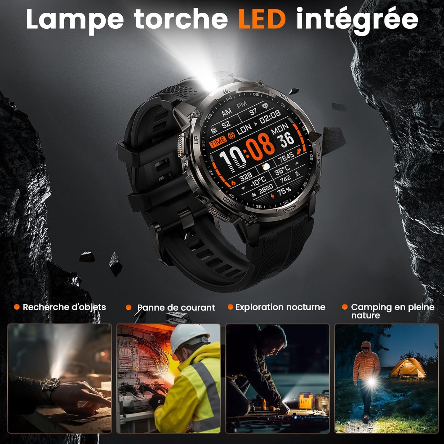 Tank T4C Montre Connectée Homme, GPS, Lampe Torche LED et Talkie-Walkie, Corps Entièrement Métallique, 5 ATM & IP69K, Écran AMOLED de 1,5'', Moniteur Sommeil, fréquence Cardiaque et SpO2 Rond-Noir