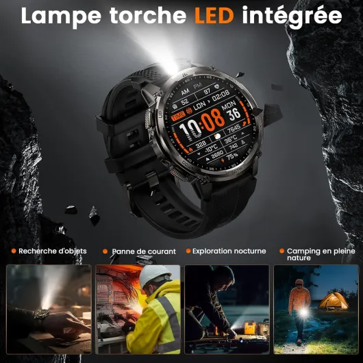 Tank T4C Montre Connectée Homme, GPS, Lampe Torche LED et Talkie-Walkie, Corps Entièrement Métallique, 5 ATM & IP69K, Écran AMOLED de 1,5'', Moniteur Sommeil, fréquence Cardiaque et SpO2 Rond-Noir