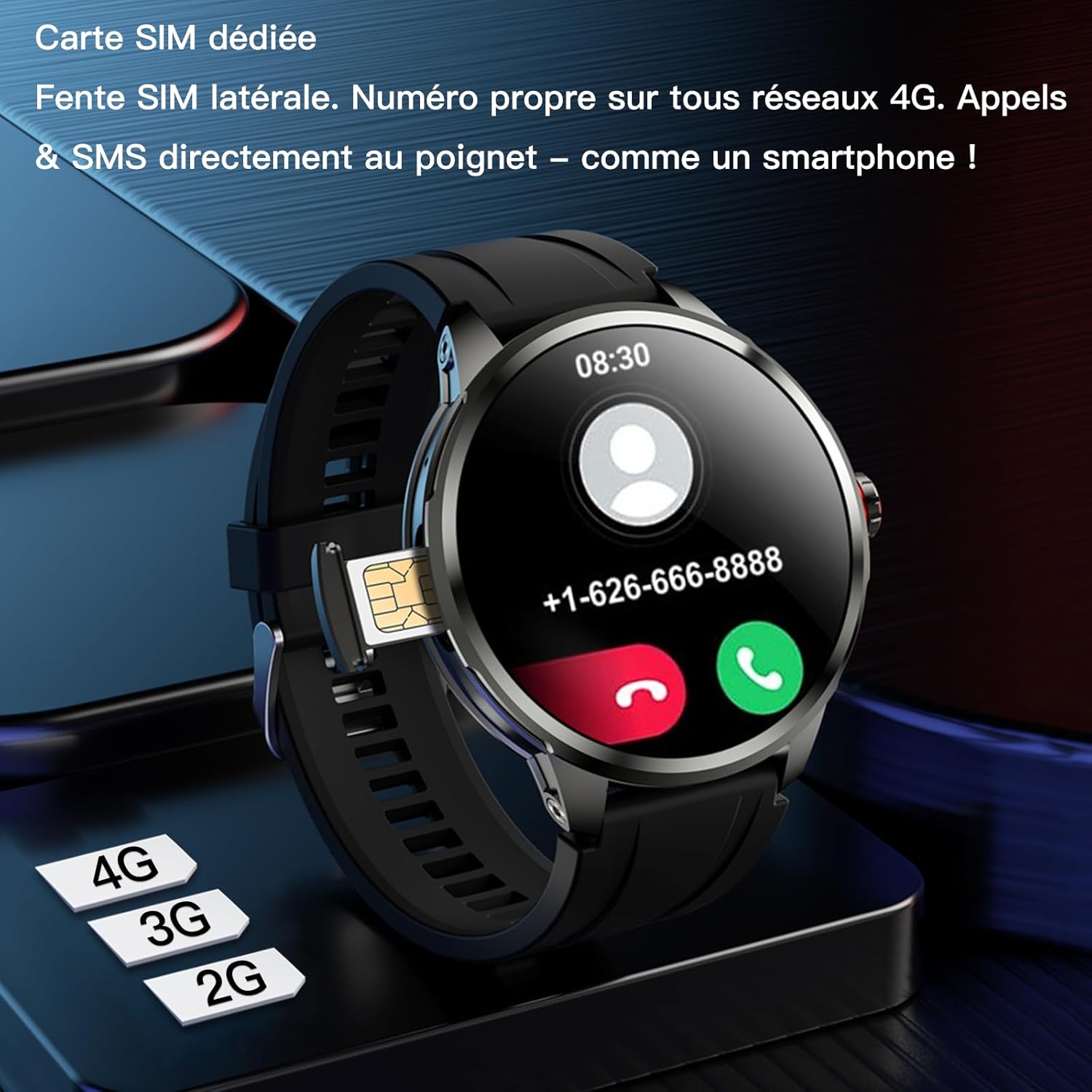 Montre Connectée 4G LTE - 1.75" AMOLED Smartwatch 3GB RAM 32GB ROM+2MP Caméra avec SOS, Fréquence Cardiaque, Vidéo Calling/WiFi/SIM Slot /1100mAh Montre Fitness pour Homme
