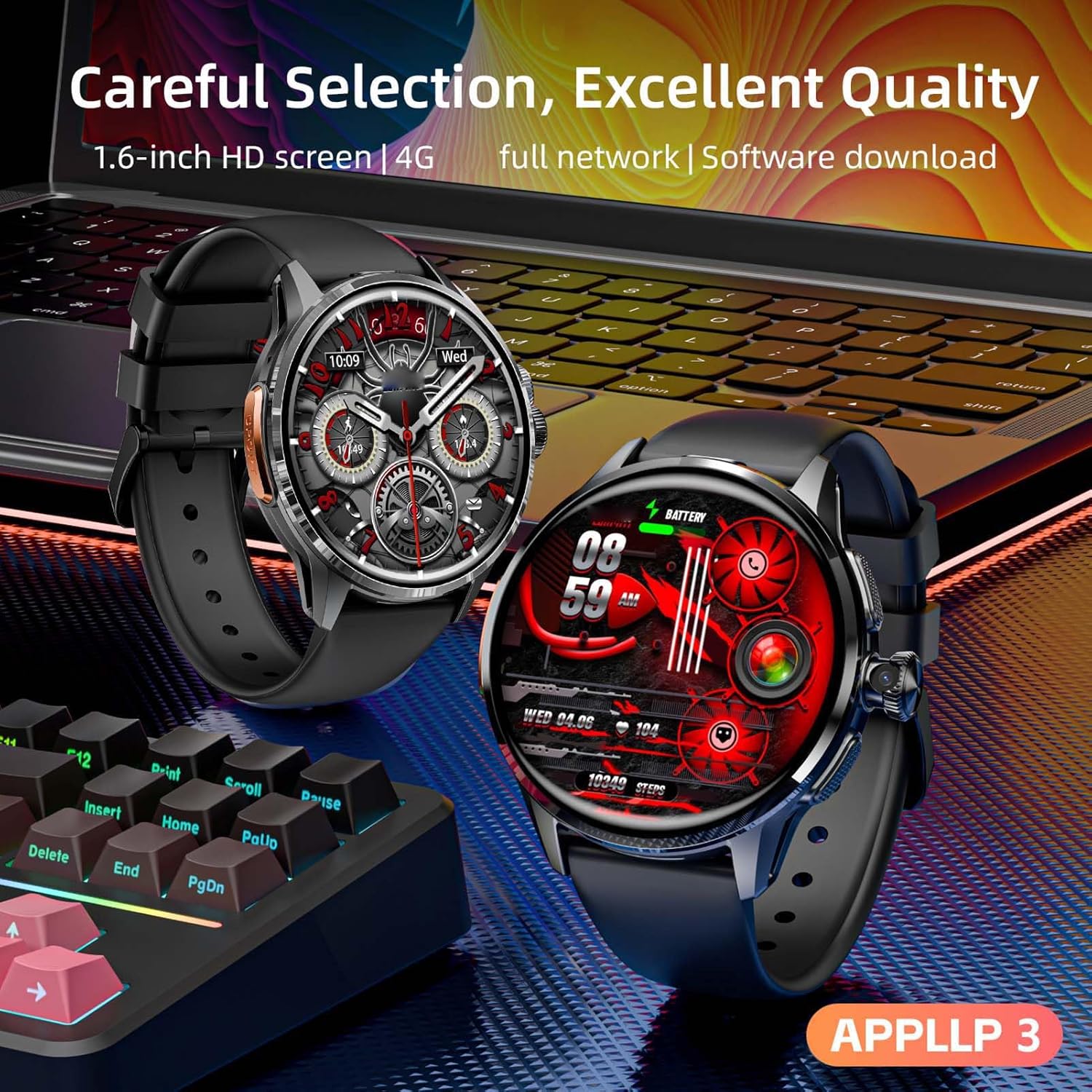 Montre Intelligente 4G LTE, Montre Intelligente Cellulaire 4G avec écran HD de 1,6 Pouces, Caméra Rotative, Longue Durée de Vie de la Batterie, Modes Multisports, Appels NFC SIM (Black) Noir