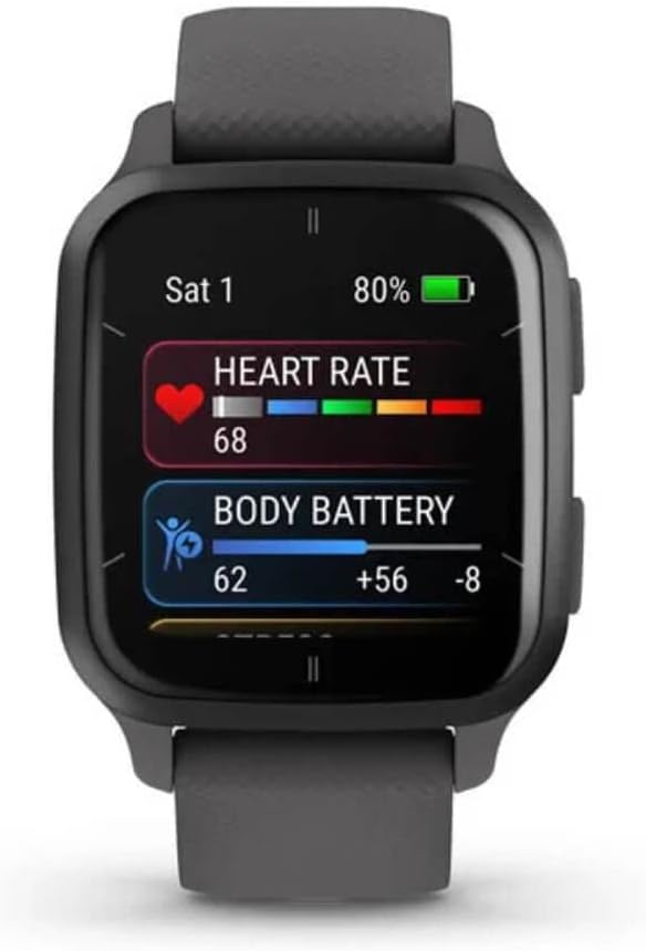 Garmin Venu Sq 2 - Montre connectée GPS Multisports avec écran AMOLED et Suivi santé - Gray avec Bracelet Gris foncé - Boîtier 40 mm Noir Sans fonction musique Noir