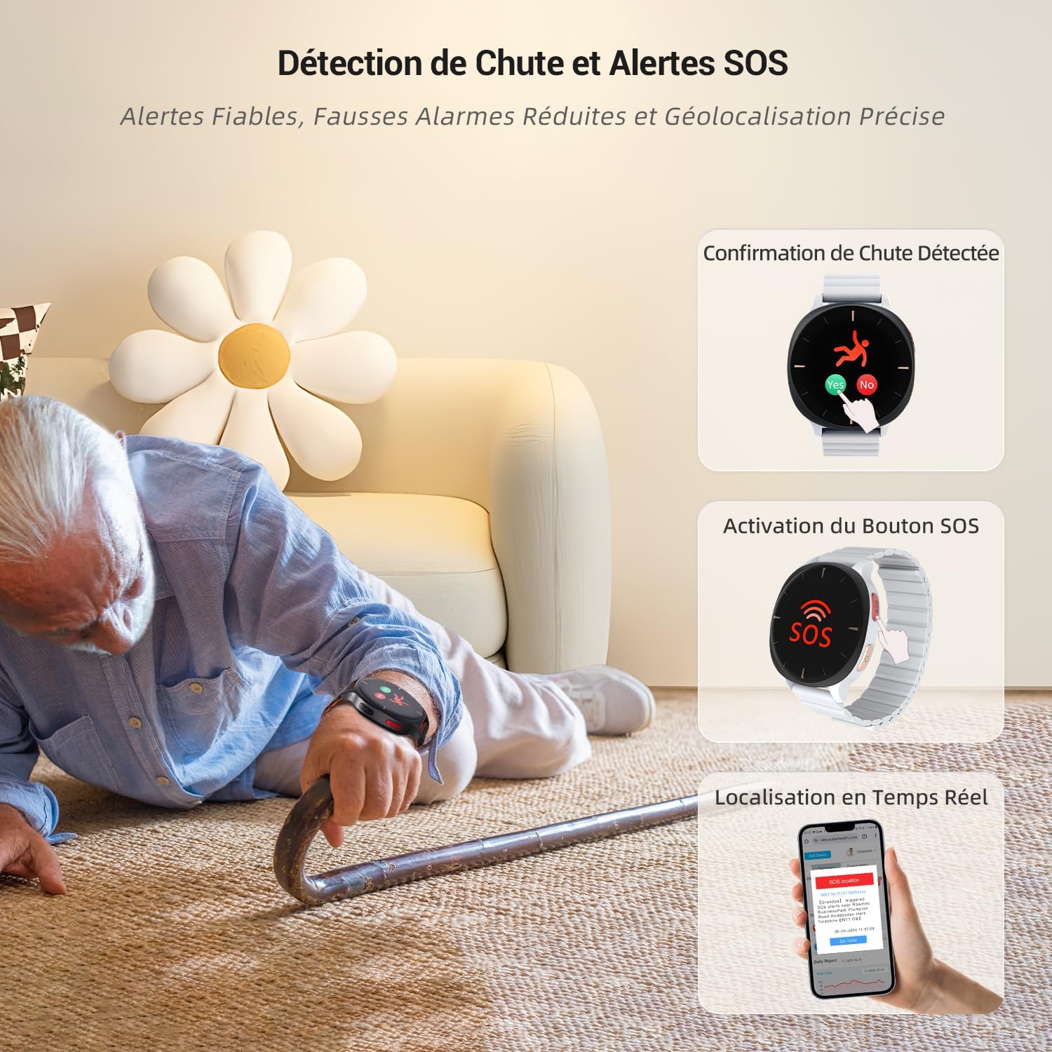 Audar E2 - Montre Connectée Senior avec Détection de Chute et SOS - Surveillance 24/7 Tension Artérielle/Fréquence Cardiaque/SpO₂/Température, Rapports Bien-être par IA, Fonctionne sans Portable/App Gris & Noir