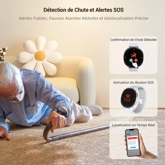 Audar E2 - Montre Connectée Senior avec Détection de Chute et SOS - Surveillance 24/7 Tension Artérielle/Fréquence Cardiaque/SpO₂/Température, Rapports Bien-être par IA, Fonctionne sans Portable/App Gris & Noir