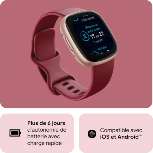 Google Fitbit Versa 4 Montre connectée sport avec GPS intégré et jusqu’à 6 jours d’autonomie de batterie - compatible avec Android et iOS Rose violacé/aluminium rose cuivré