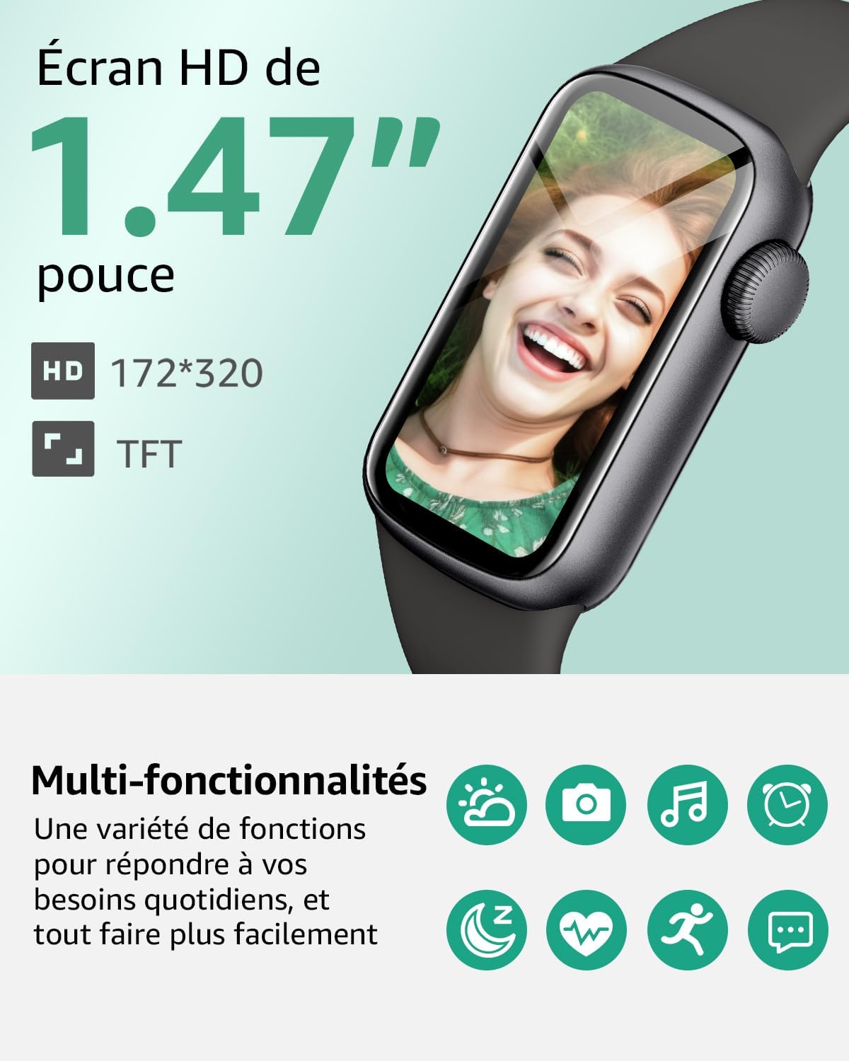Montre Connectée Femme Homme, 1,47'' Smartwatch avec 137+ Modes Sportifs, Fitness Tracker avec Cardiofréquencemètre, Sommeil, Podomètre, Etanche IP68, Montre Intelligente pour Android iOS Noir