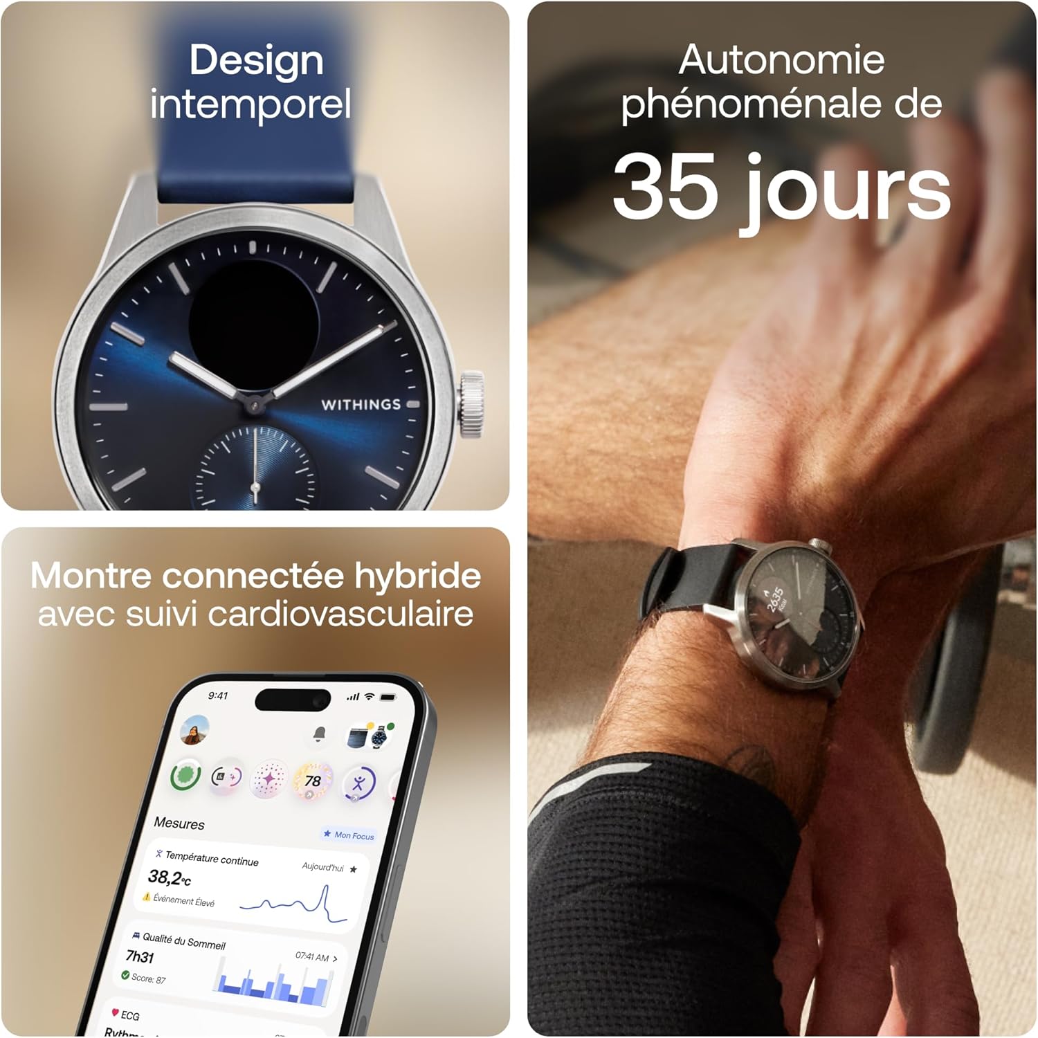 ScanWatch 2 - Montre connectée, électrocardiogramme ECG, SpO2, température, Suivi du Sommeil, santé respiratoire, activités, Calories, étanche, Batterie de 35 Jours, Android & iOS, 42mm, Bleu Bleu / Argenté SW2 - 42mm