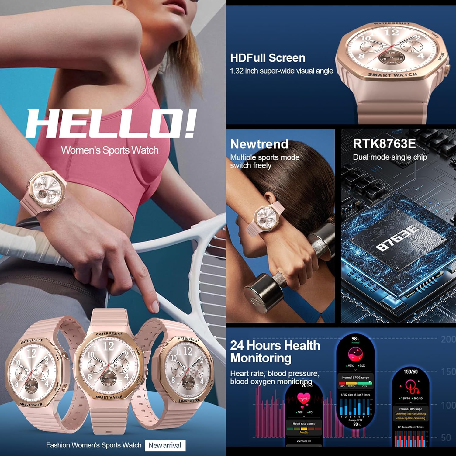 Montre Connectée Femme avec Appels Bluetooth, 1,32'' Smartwatch avec 123 Modes Sportifs/Lecteur de Musique/Fréquence Cardiaque/Fonction Féminine/Sommeil/ SpO2 Smart Watch pour Android iOS (Or)