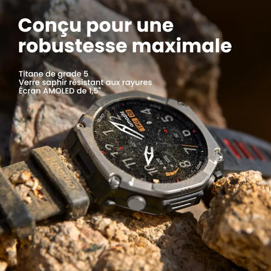 T-Rex Ultra 2 Montre Connectée Outdoor, GPS Double Bande, Boîtier Titane 51 mm, Écran AMOLED 1,5" Verre Saphir, Lampe Torche, 30 Jours Autonomie, Cartes Hors Ligne, 10 ATM, 180+ Modes Sport