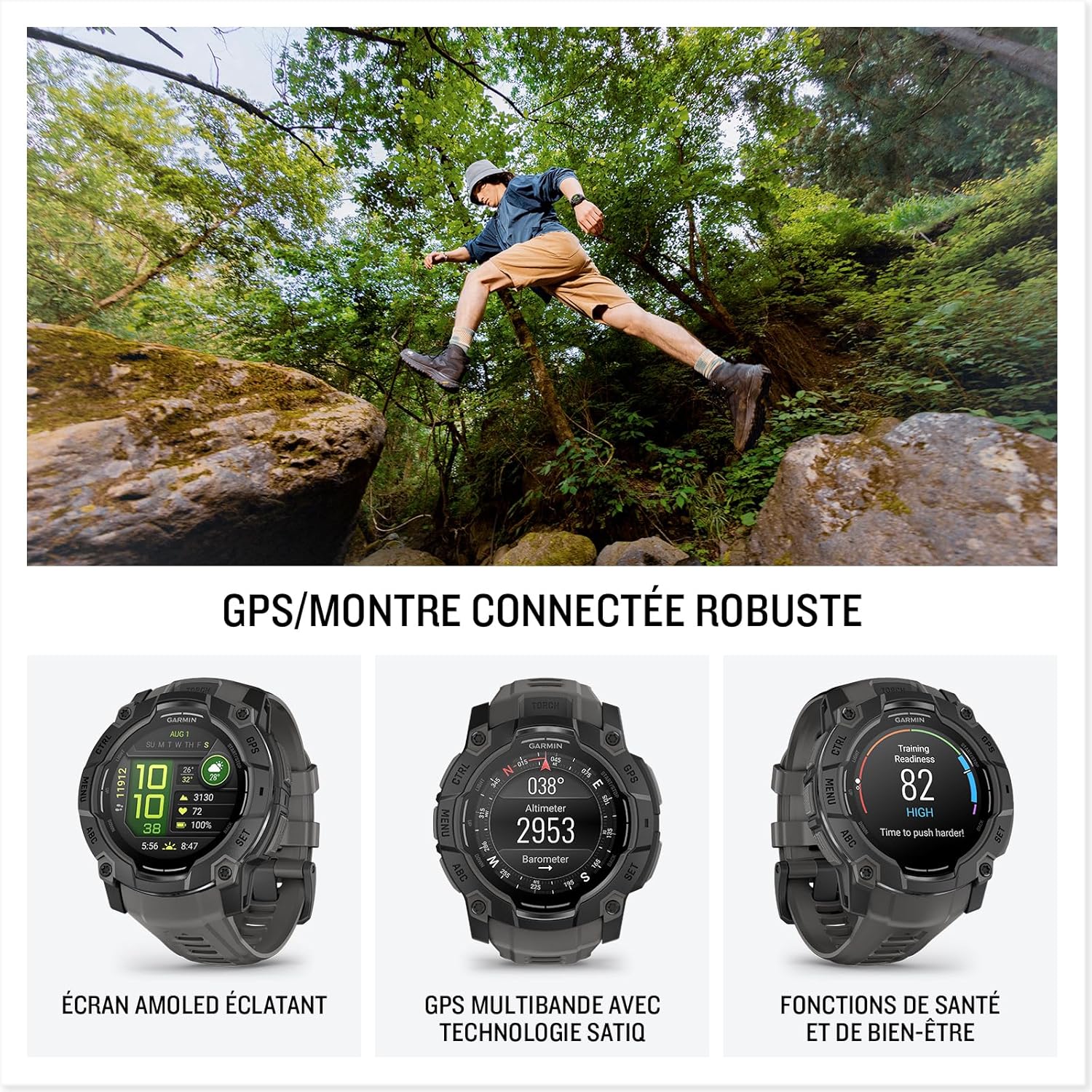 Instinct 3, AMOLED - Montre GPS Robuste et connectée – Noire avec bracelet gris charbon - Boîtier 50 mm Noir/Gris charbon 50 mm AMOLED
