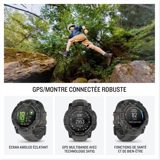 Instinct 3, AMOLED - Montre GPS Robuste et connectée – Noire avec bracelet gris charbon - Boîtier 50 mm Noir/Gris charbon 50 mm AMOLED