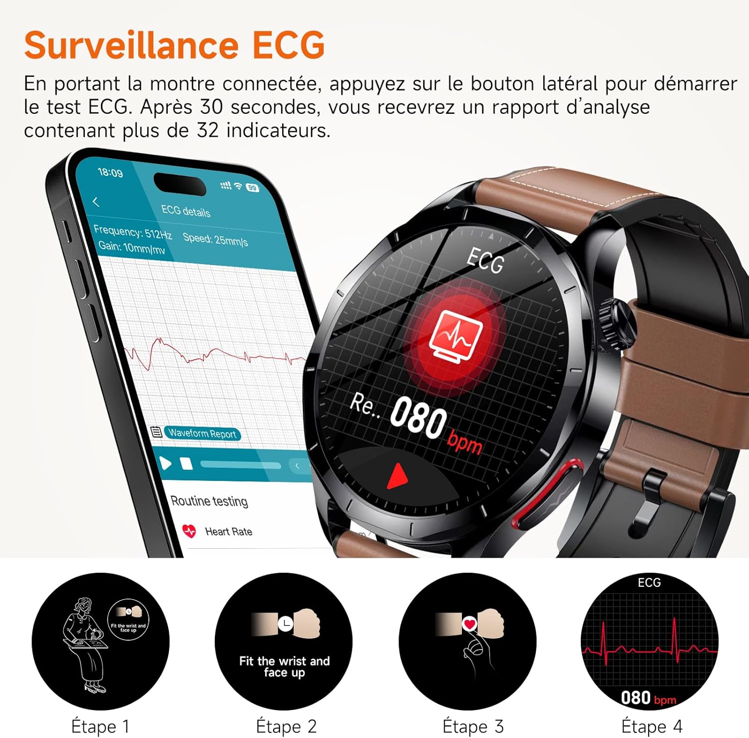 2026 Nouv’ Montre Connectée Homme avec ECG+HRV/Pressιon artérιelle/IMC,1,43" AMOLED Smartwatch avec Fonction SOS,24/7 Fréquence Cardiaque/SpO2/Sommeil Monitor, IP68 pour Android/iOS Cuir Marron