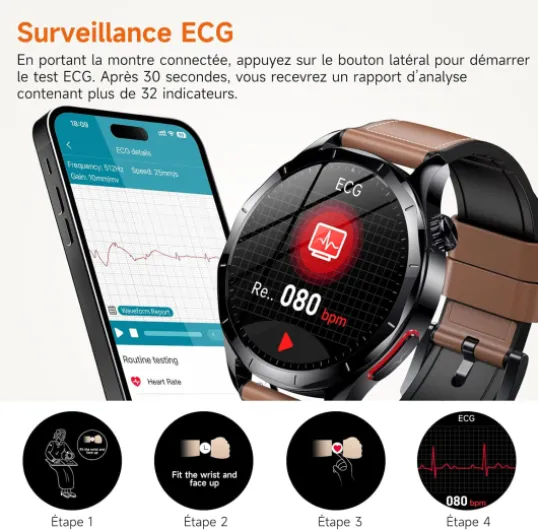 2026 Nouv’ Montre Connectée Homme avec ECG+HRV/Pressιon artérιelle/IMC,1,43" AMOLED Smartwatch avec Fonction SOS,24/7 Fréquence Cardiaque/SpO2/Sommeil Monitor, IP68 pour Android/iOS Cuir Marron