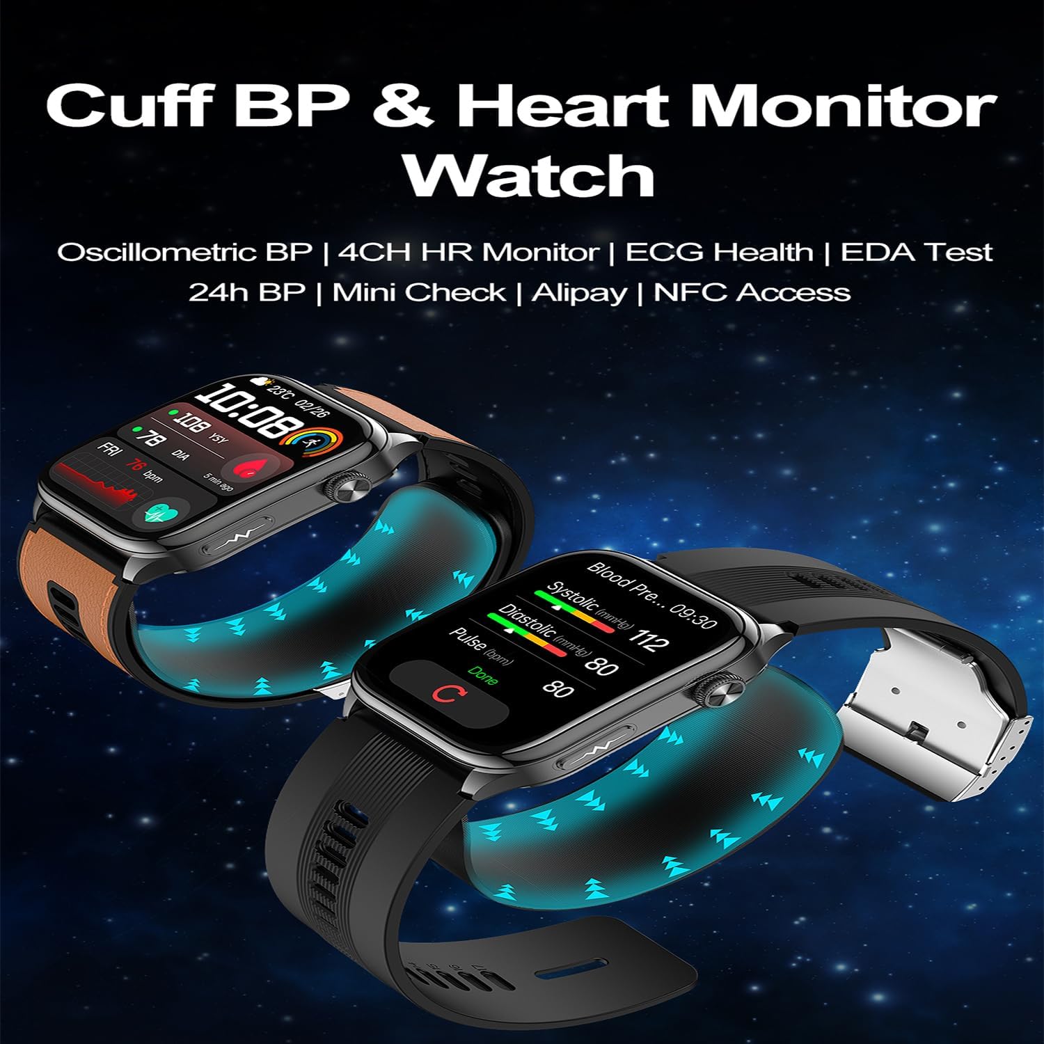 Smart Watch pour Hommes Et Femmes avec Suivi De La Tension ArtéRielle,ECG,Mesures De Santé à 4 Canaux, ÉCran Amoled HD De 2,06 Pouces,300mAh Batterie,ÉTanchéIté Ip66 pour Android iOS Noir