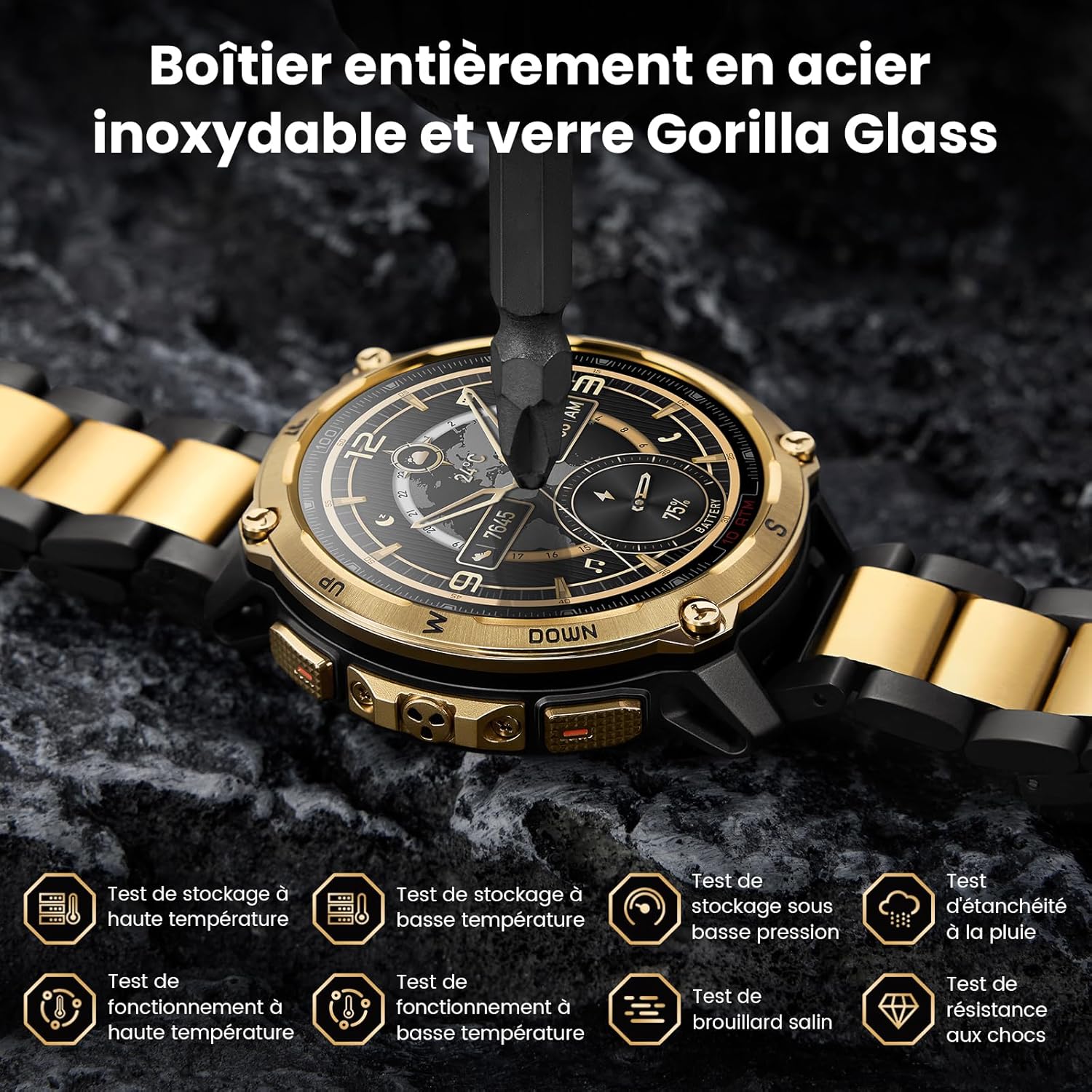 Tank T4 Special Edition Montre Connectée Homme, GPS & Cartes Hors Ligne, Acier Inoxydable, Étanchéité 10ATM (Plongée 45M), Appels Bluetooth, Moniteur de Fréquence Cardiaque et Sommeil T-Doré