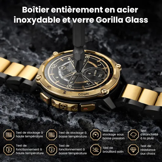 Tank T4 Special Edition Montre Connectée Homme, GPS & Cartes Hors Ligne, Acier Inoxydable, Étanchéité 10ATM (Plongée 45M), Appels Bluetooth, Moniteur de Fréquence Cardiaque et Sommeil T-Doré