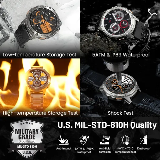 Tank T3 Montre Connectée Homme, Appel Bluetooth, Batterie de Grande, 50M Étanche, Boîtier en Acier Inoxydable, Smartwatch avec Boussole Altimètre/Suivi du Sommeil/Fréquence Cardiaque (Argenté)
