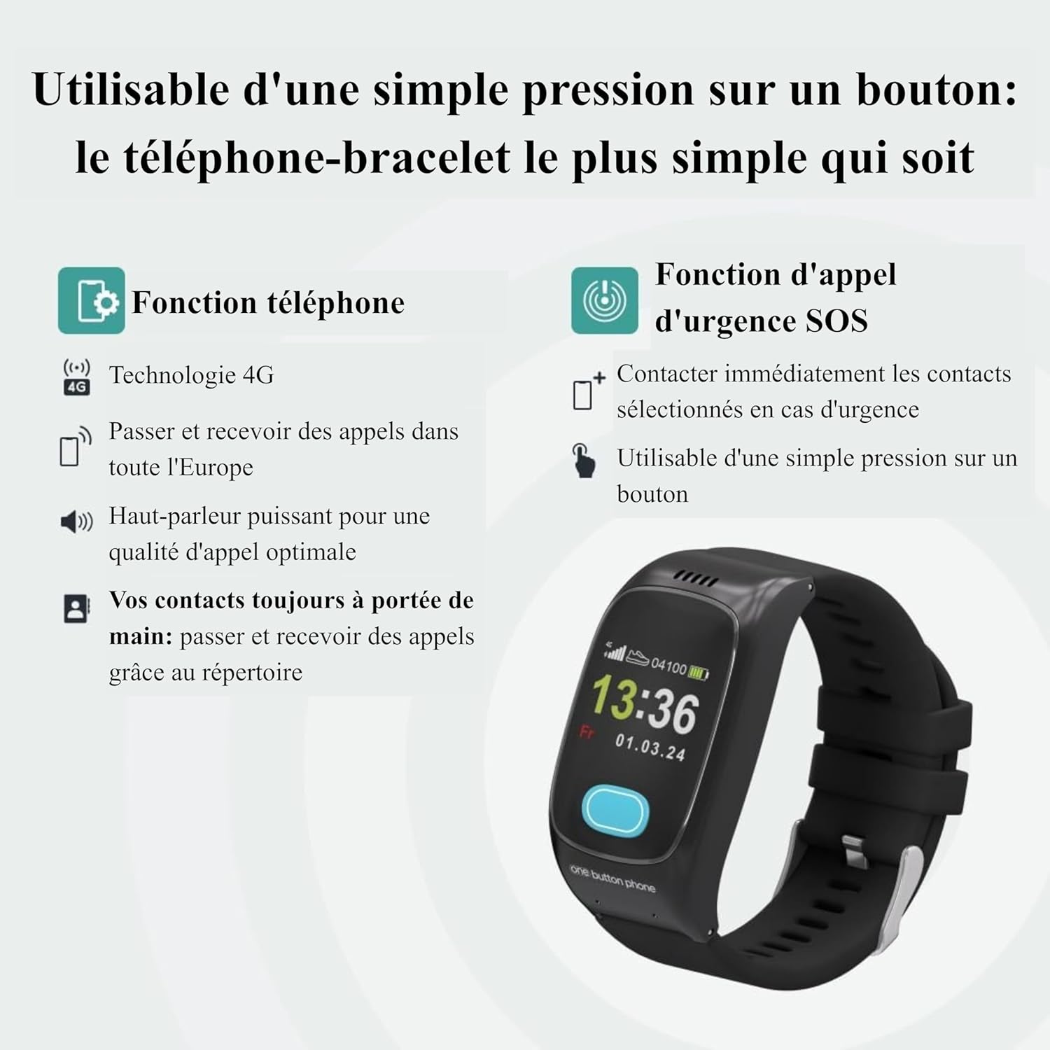 Modèle Actuel – Montre d'appel d'urgence pour Seniors, GPS, Bouton d'urgence SOS, détection des Chutes, Surveillance des Signes vitaux, sans abonnement, Choix Libre de l'opérateur one button phone