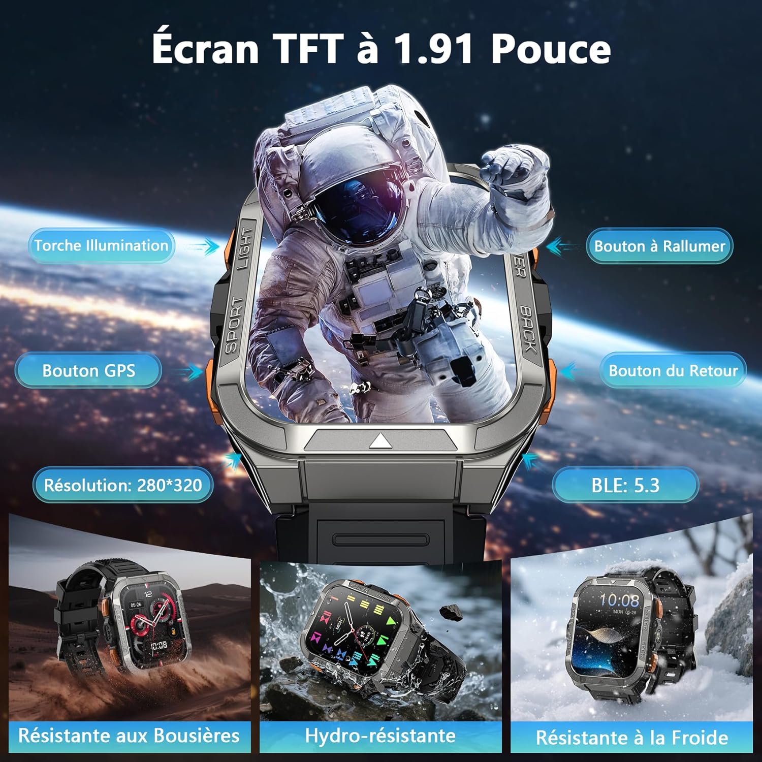 Montre Connectée Homme avec GPS Intégré, Montre Connectée Appel Bluetoot 900 mAh Batterie, Montre Sport avec Podometre,110+ Sportifs,Suivi Santé et Sommeil, Smart Watch pour Android iOS W80PRO-BK